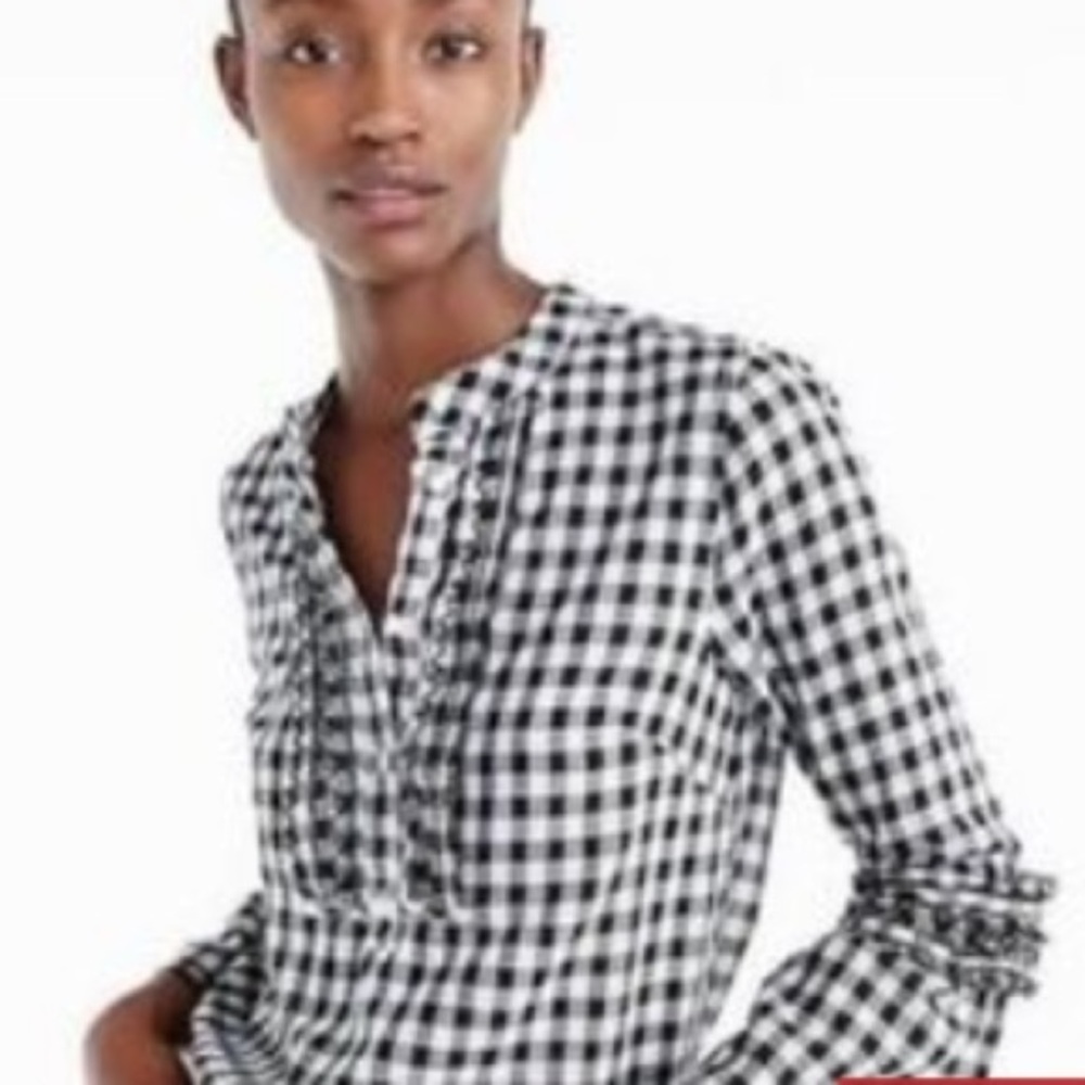 J crew gingham black and white tie strings bell sleeved top size smalll